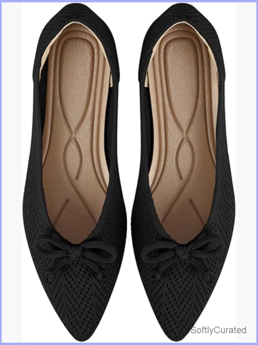 Pointed Toe Ballet Flats with Bow, Machine Washable Knit, Comfortable